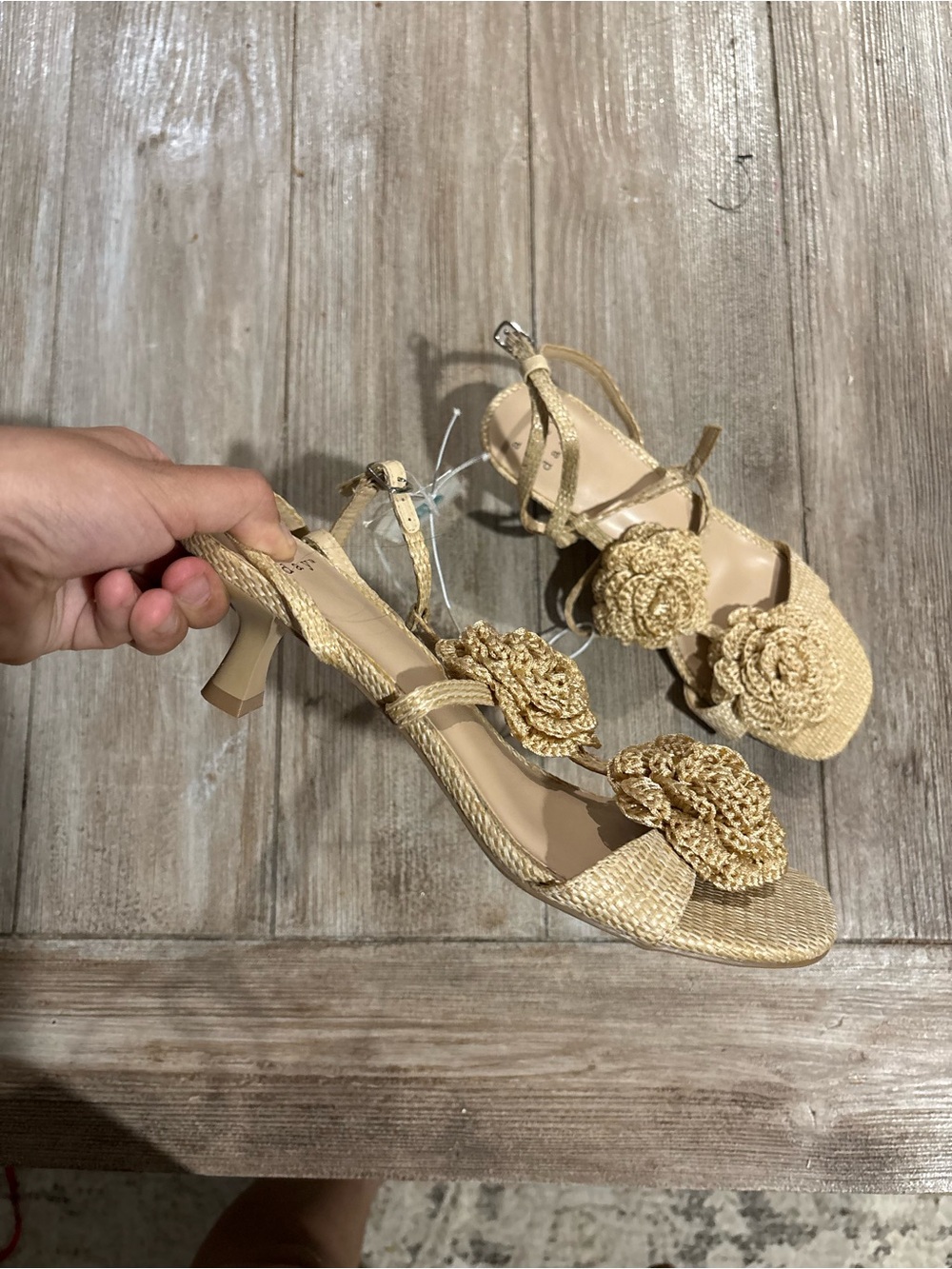 Woven Straw Beige Floral kitten Heels - Women